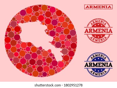 Mapa vectorial de Armenia collage de elementos redondos y sello rojo de foca rayada. Mapa redondo de hoyo de un collage de Armenia formado con círculos de tamaños variables y tonos rojos.