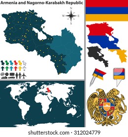 Vector map of Armenia Nagorno Karabakh Republic with regions, coat of arms and location on world map