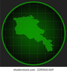 Vector map Armenia on the radar screen with a green grid. Template Asia country on monitor radar for pattern, report, background. Technology concept boundary Armenia for news, infographic, army