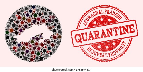 Vector map of Arunachal Pradesh State collage of coronavirus and red grunge quarantine seal. Infection cells attack the quarantine territory from outside.