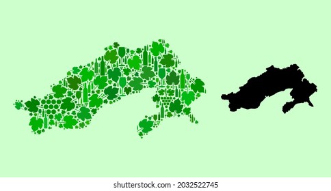 Vektorkarte des Bundesstaates Arunachal Pradesh. Kombination von grünen Weinblättern, Weinflaschen. Karte von Arunachal Pradesh Staatskollektion entworfen aus Flaschen, Weintrauben, grünen Blättern.