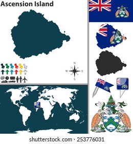 Vector map of Ascension Island with coat of arms and location on world map