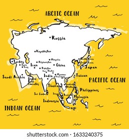 Vector map. Asia map on yellow background, illustration