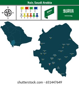 Vector map of Asir region with flag, icons and location on Saudi Arabian map.