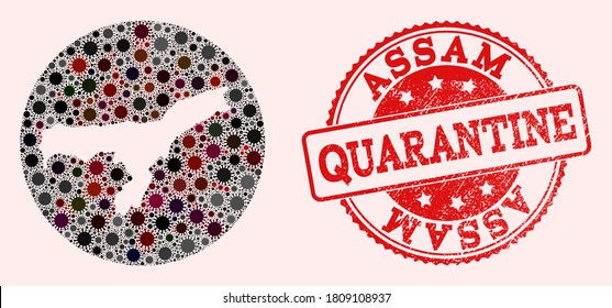 Vector map of Assam State collage of covid-2019 virus and red grunge quarantine stamp. Infection cells attack the quarantine territory from out space.