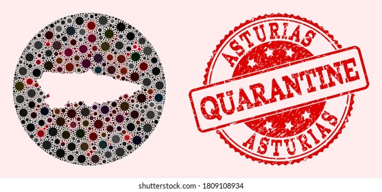 Vektorplan der Provinz Asturien Sammlung von covid-2019 Virus und roten Grunge Quarantänerobbe. Infektionszellen greifen das Quarantänegebiet aus dem Weltraum an.