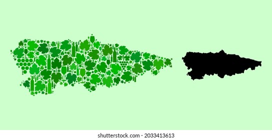 Vector Map of Asturias Province. Mosaic of green grape leaves, wine bottles. Map of Asturias Province mosaic composed with bottles, grapes, green leaves.