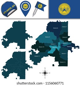Vector map of Atlanta, Georgia with named districts and travel icons