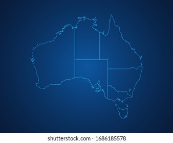 Vector map of Australia abstract blue line scales on dark background.