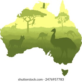 Vector map of Australia with acacia tree, kangaroo, cockatoo, dingo, galah, emu and eagle.	