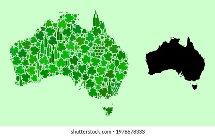 Vector Map of Australia. Collage of green grape leaves, wine bottles. Map of Australia collage designed from bottles, berries, green leaves. Abstract collage is useful for bars propaganda.
