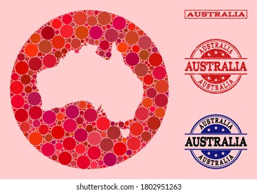 Vector map of Australia collage of round items and red grunge seal stamp. Hole round map of Australia collage designed with circles in various sizes, and red color tones.