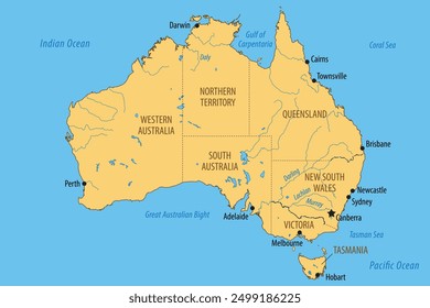 Vector map of Australia with the federated states and major cities