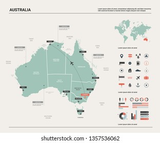 Vector map of Australia .  High detailed map with division, cities and capital Canberra. Political map,  world map, infographic elements.  