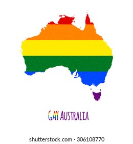 Vector map of Australia in LGBT (lesbian, gay, bisexual, and transgender) flag colors and GAY Australia caption on white background. Rainbow flag with denim textile texture.
