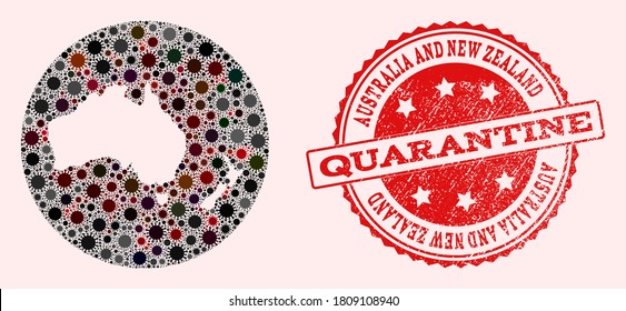 Vector map of Australia and New Zealand collage of coronavirus and red grunge quarantine seal. Infection cells around the quarantine territory from out space.