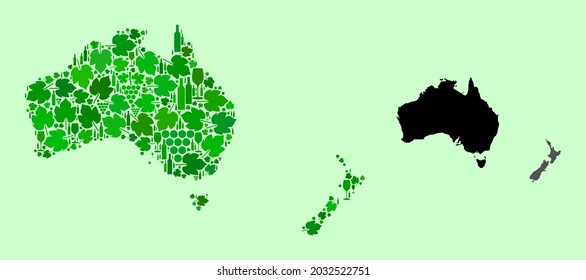 Vector Map of Australia and New Zealand. Mosaic of green grape leaves, wine bottles. Map of Australia and New Zealand collage designed from bottles, grapes, green leaves.