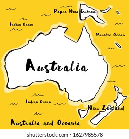 Vector map. Australia and Oceania map on yellow background, illustration