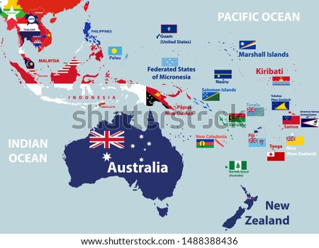 vector map of Australia, Oceania and South East Asian countries mixed with their national flags