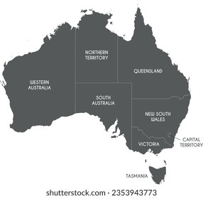 Mapa vectorial de Australia con regiones o territorios y divisiones administrativas. capas editables y claramente etiquetadas.