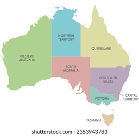 Mapa vectorial de Australia con regiones o territorios y divisiones administrativas. capas editables y claramente etiquetadas.