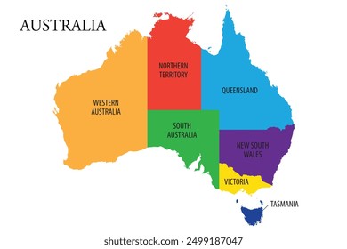 Vector map of Australia showing the six federal states