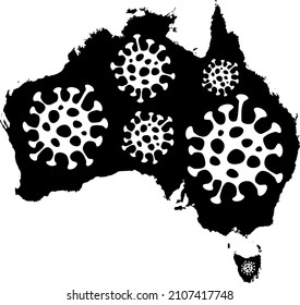 Vector map of Australia with a white virus icons as company has very strict coronavirus precautions