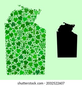 Vector Map of Australian Northern Territory. Mosaic of green grape leaves, wine bottles. Map of Australian Northern Territory mosaic designed from bottles, berries, green leaves.