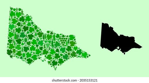 Vector Map of Australian Victoria. Mosaic of green grapes, wine bottles. Map of Australian Victoria mosaic composed with bottles, grapes, green leaves. Abstract mosaic designed for bars agitation.
