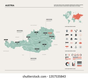 Vector map of Austria .  High detailed map with division, cities and capital Vienna. Political map,  world map, infographic elements.  