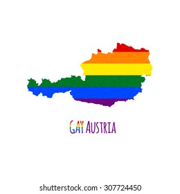 Vector map of Austria in LGBT (lesbian, gay, bisexual, and transgender) flag colors and GAY Austria caption on white background. Rainbow flag with denim textile texture.