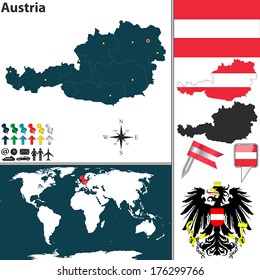 Vector map of Austria with regions, coat of arms and location on world map