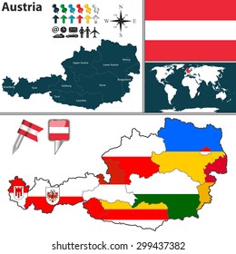 Vector map of Austria with regions with flags on white