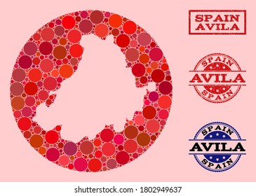 Vector map of Avila Province collage of spheric dots and red grunge stamp. Subtraction circle map of Avila Province collage composed with circles in different sizes, and red color tints.