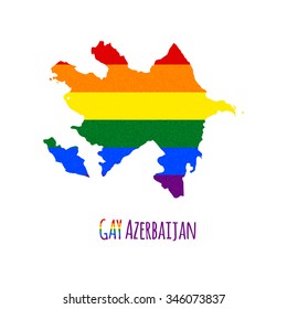 Vector map of Azerbaijan in LGBT (lesbian, gay, bisexual, and transgender) flag colors and GAY Azerbaijan caption on white background. Rainbow flag with denim textile texture.