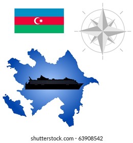 vector map of Azerbaijan with a silhouette of the ship and the flag