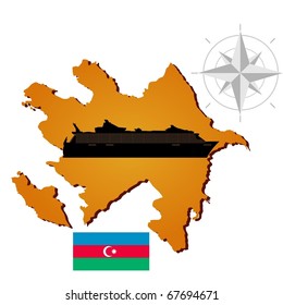 Vector map of  Azerbaijan  with a silhouette of the ship and the flag