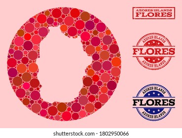 Vector map of Azores - Flores Island mosaic of spheric items and red watermark seal stamp. Stencil round map of Azores - Flores Island collage formed with circles in various sizes,