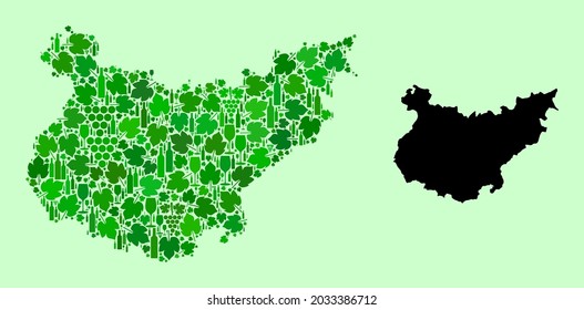 Vector Map of Badajoz Province. Collage of green grapes, wine bottles. Map of Badajoz Province collage designed with bottles, berries, green leaves.