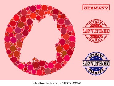 Vector map of Baden-Wurttemberg State collage of round items and red rubber seal stamp. Subtraction round map of Baden-Wurttemberg State collage formed with circles in different sizes,