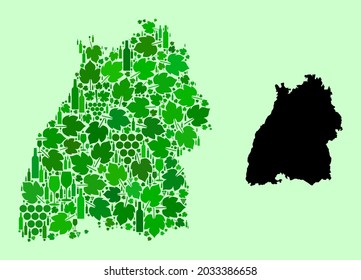 Vector Map of Baden-Wurttemberg State. Combination of green grape leaves, wine bottles. Map of Baden-Wurttemberg State collage designed from bottles, grapes, green leaves.