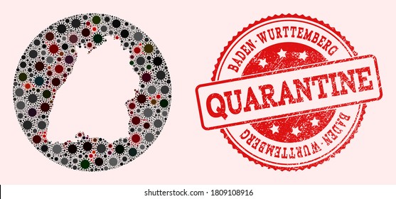 Vector map of Baden-Wurttemberg State mosaic of coronavirus and red grunge quarantine seal stamp. Infection cells attack the quarantine territory from external zone.