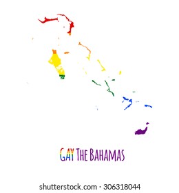Vector map of The Bahamas in LGBT (lesbian, gay, bisexual, and transgender) flag colors and GAY The Bahamas caption on white background. Rainbow flag with denim textile texture.