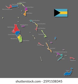 Vector map of Bahamas with names of cities and with borders city