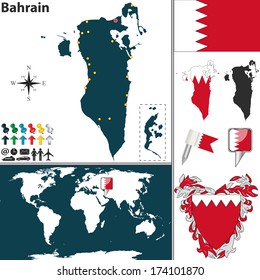Vector map of Bahrain with regions, coat of arms and location on world map