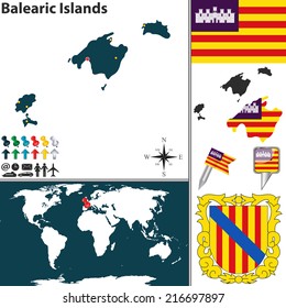 Vector map of Balearic Islands with coat of arms and location on world map