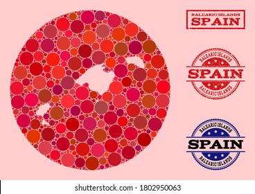 Vector map of Balearic Islands collage of circle spots and red watermark seal stamp. Subtraction round map of Balearic Islands collage composed with circles in different sizes, and red color hues.