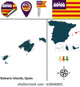 Vector map of Balearic Islands with flags and icons