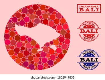 Vector map of Bali Island collage of round spots and red rubber seal stamp. Hole round map of Bali Island collage formed with circles in various sizes, and red color tones.