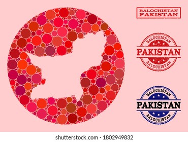 Vector map of Balochistan Province mosaic of round dots and red grunge seal. Hole round map of Balochistan Province collage designed with circles in variable sizes, and red color tones.